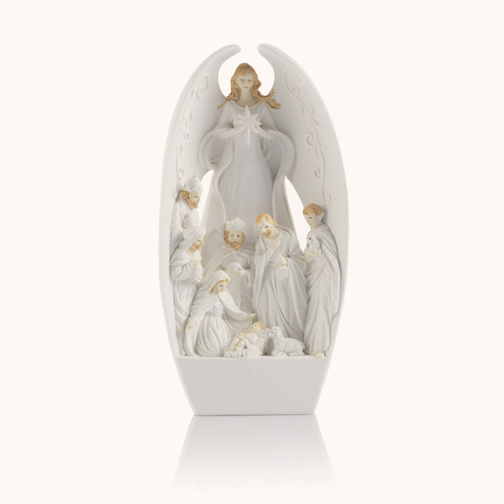 Figurka | Szopka bożonarodzeniowa ujęta w Aniele | Świecąca | 19 cm | Bianco