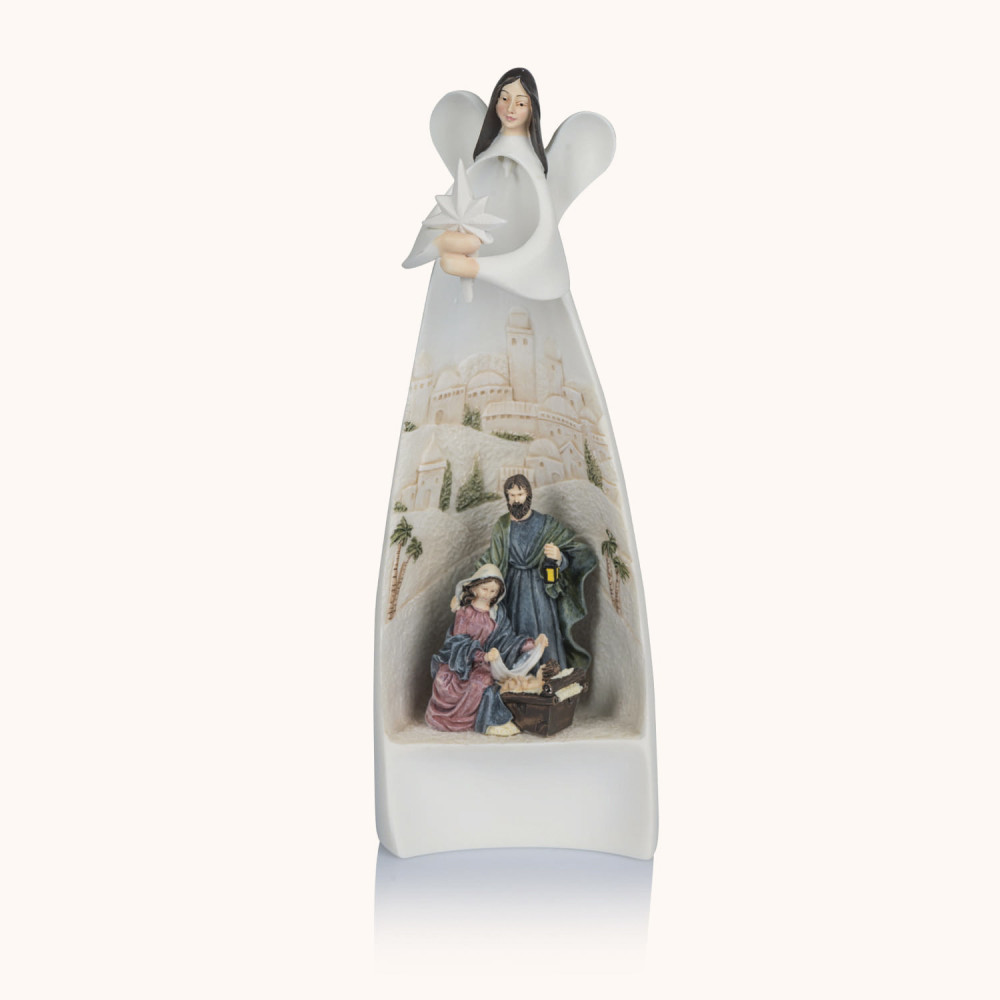 Figurka | Anioł ze Świętą Rodziną | Betlejem | Świecący | 19 cm | Bianco