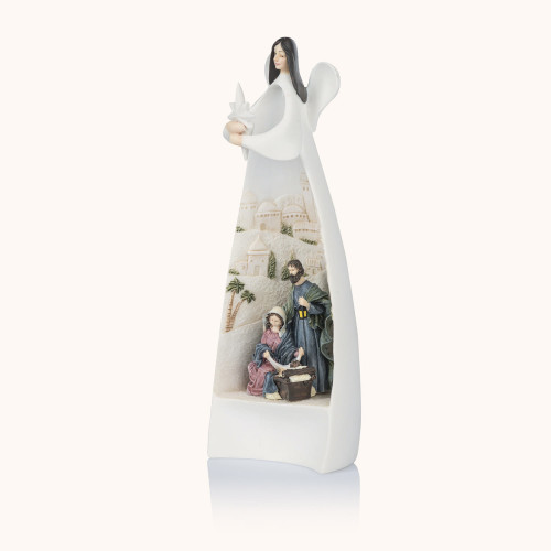 Figurka | Anioł ze Świętą Rodziną | Betlejem | Świecący | 19 cm | Bianco