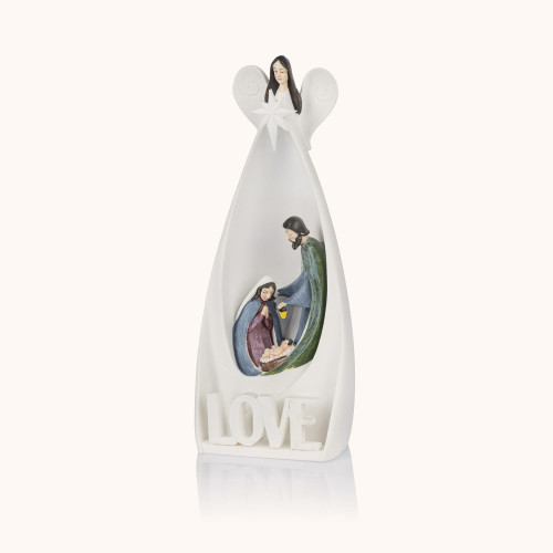 Figurka | Anioł ze Święta Rodziną | Napis LOVE | Świecący | 20 cm | Bianco