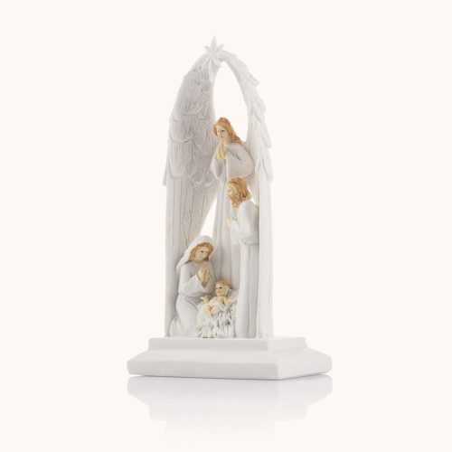 Figurka | Święta Rodzina Otulona Opieką Anioła | Świecąca | 15 cm | Bianco