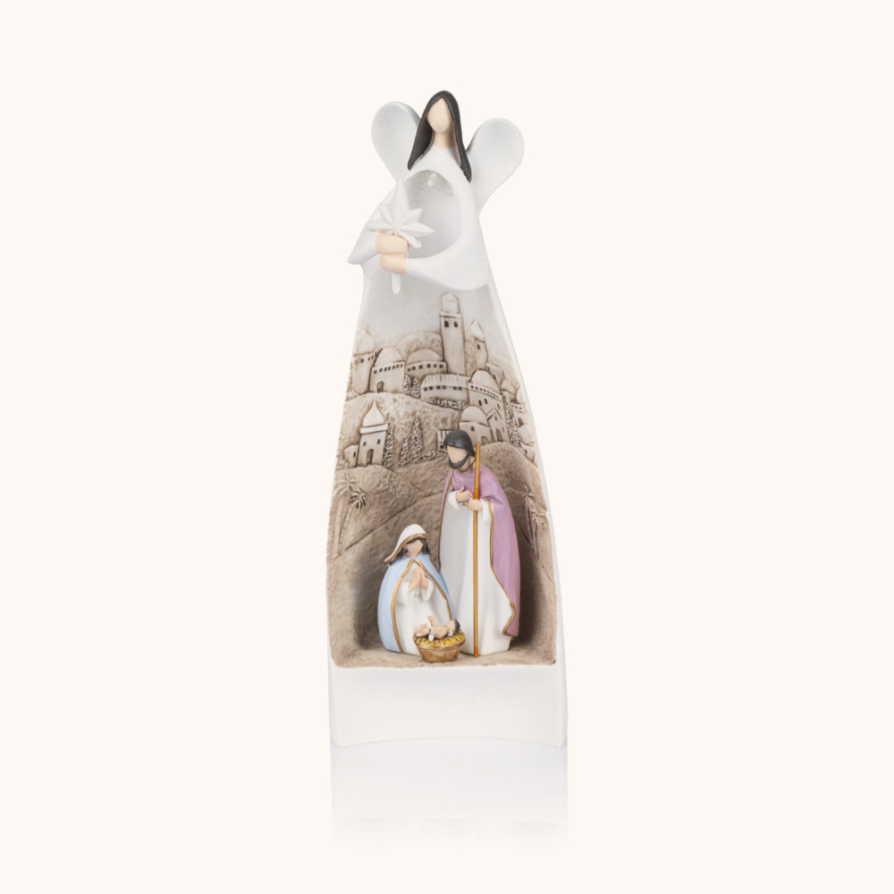 Figurka | Święta Rodzina Otulona Opieką Anioła | Betlejem | Świecąca | 19 cm | Bianco