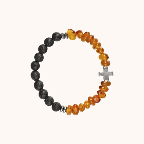 Bransoletka | Dziesiątek różańca | Lawa wulkaniczna | Hematyt | Ambra | 8 mm