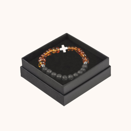 Bransoletka | Dziesiątek różańca | Lawa wulkaniczna | Hematyt | Ambra | 8 mm