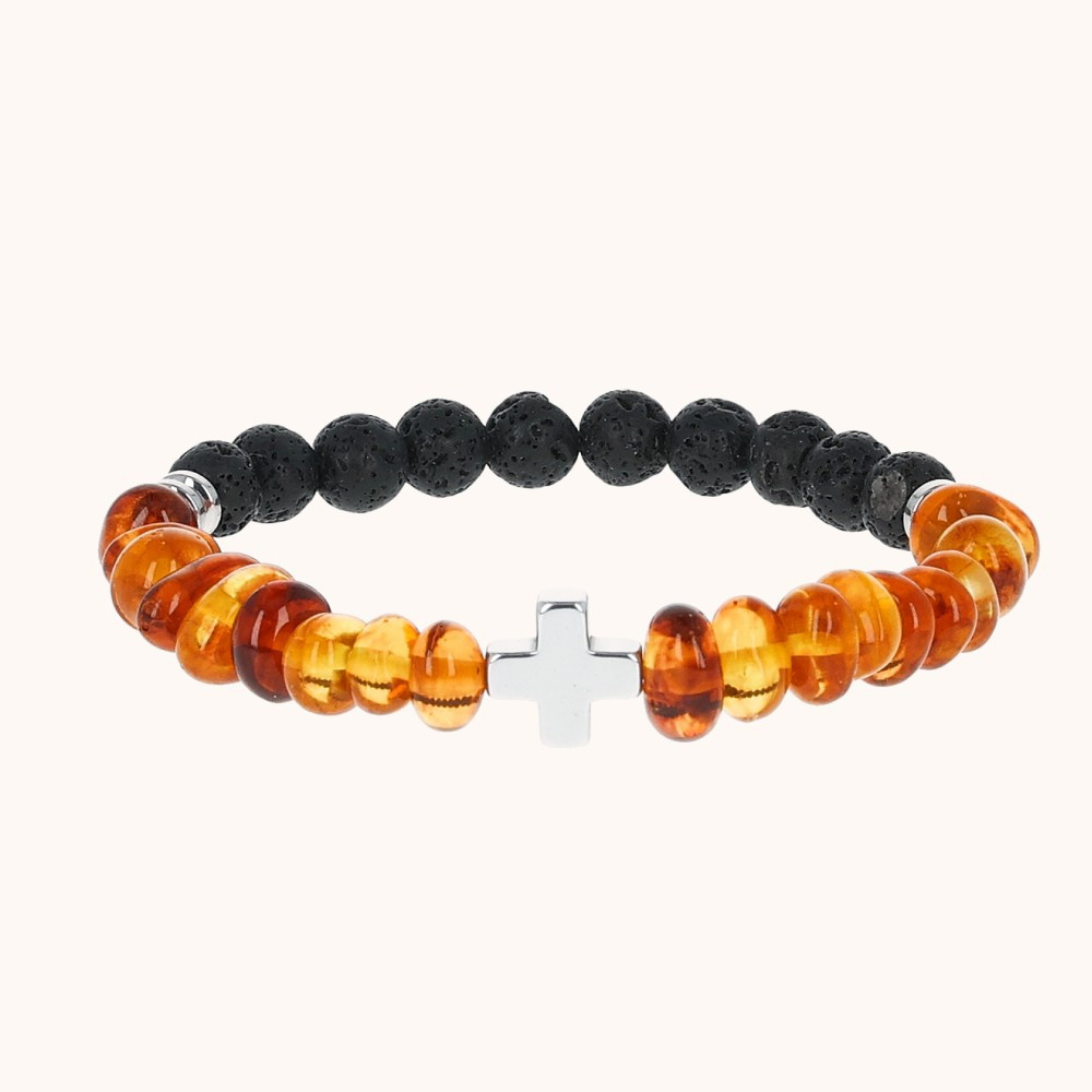 Bransoletka | Dziesiątek różańca | Lawa wulkaniczna | Hematyt | Ambra | 8 mm