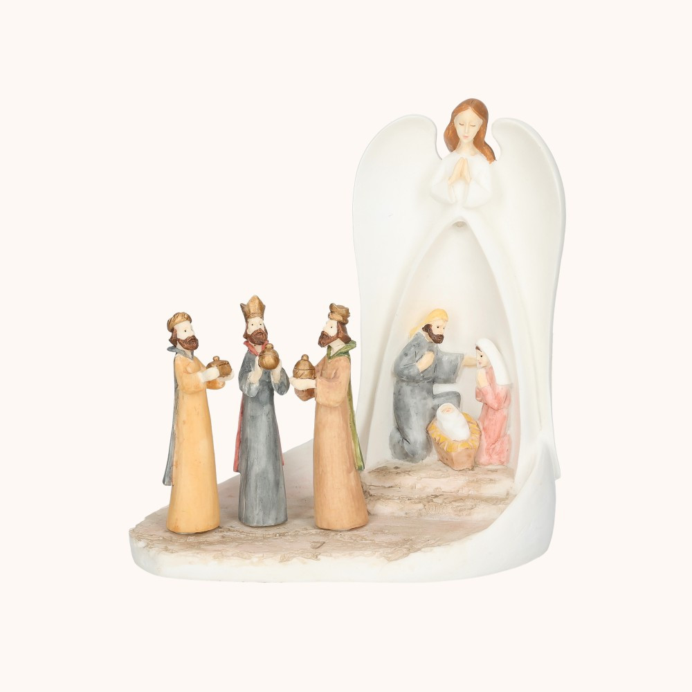 Figurka | Święta Rodzina ujęta w Aniele | Trzej Królowie | Świecąca | 14 cm | Bianco