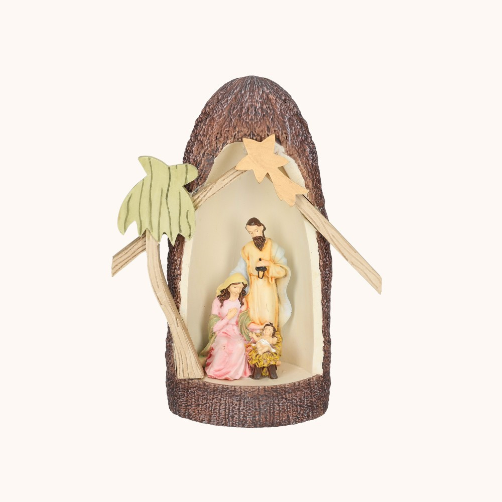 Figurka | Święta Rodzina ujęta w brązowym palmowym pniu | Świecąca | 17 cm | Bianco