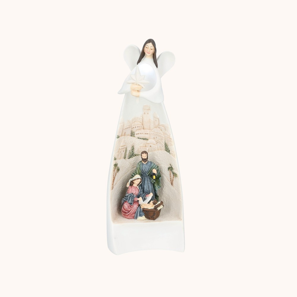 Figurka | Anioł ze Świętą Rodziną | Betlejem | Świecący | 19 cm | Bianco