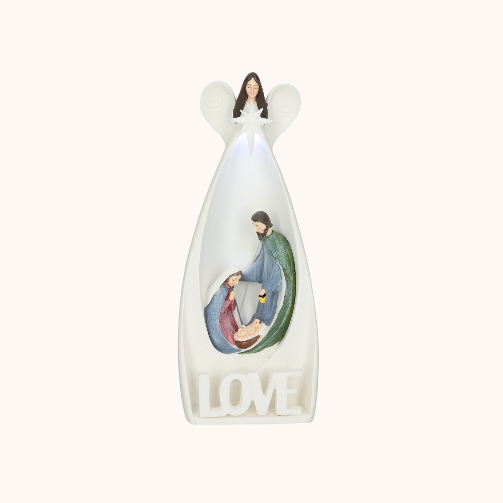 Figurka | Anioł ze Święta Rodziną | Napis LOVE | Świecący | 20 cm | Bianco