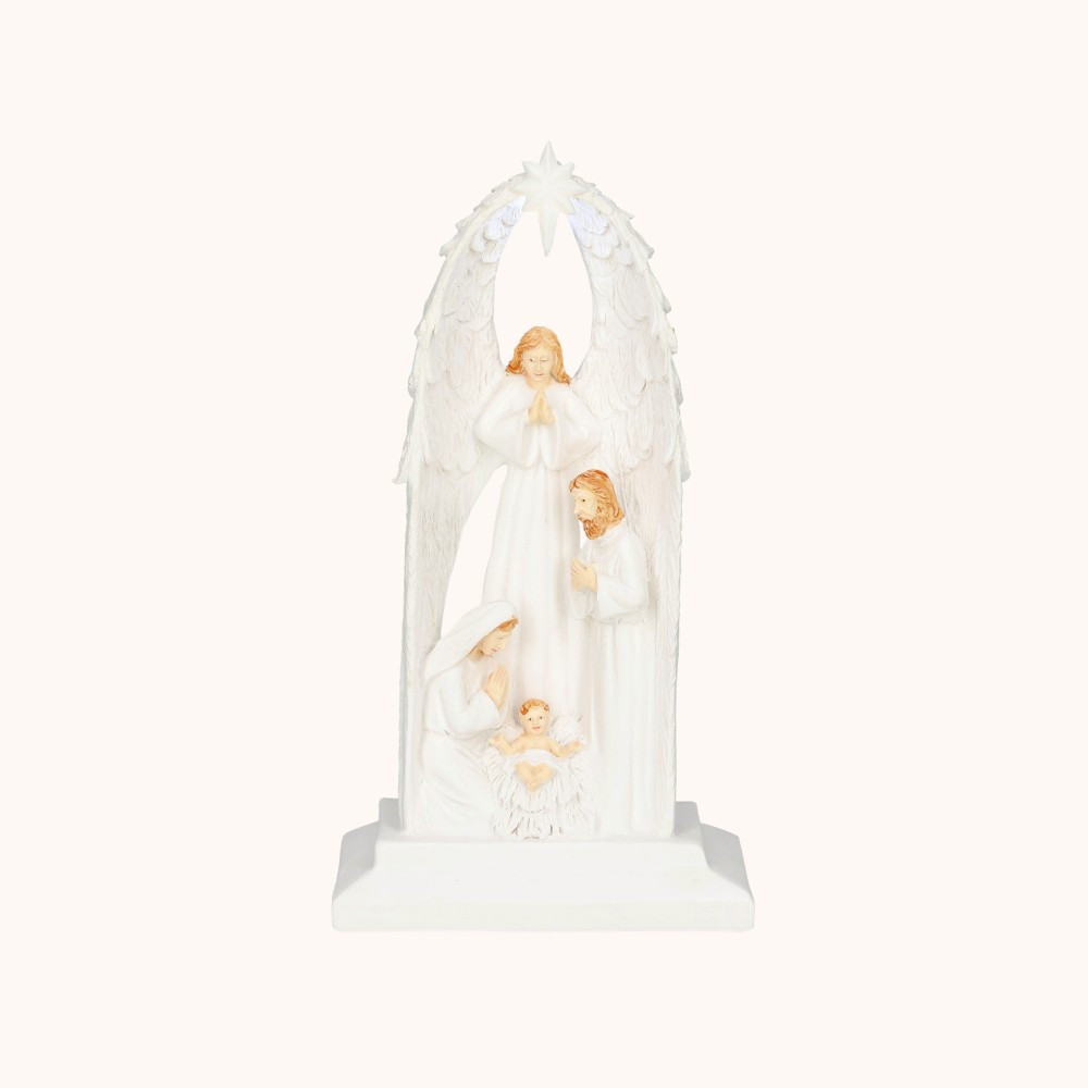 Figurka | Święta Rodzina Otulona Opieką Anioła | Świecąca | 15 cm | Bianco