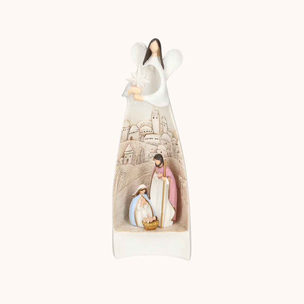 Figurka | Święta Rodzina Otulona Opieką Anioła | Betlejem | Świecąca | 19 cm | Bianco