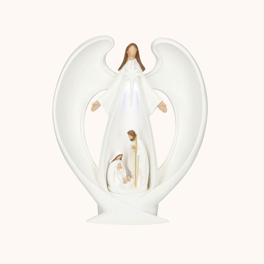 Szopka bożonarodzeniowa | Święta Rodzina | Anioł | Ręcznie malowana | 20 cm | Bianco